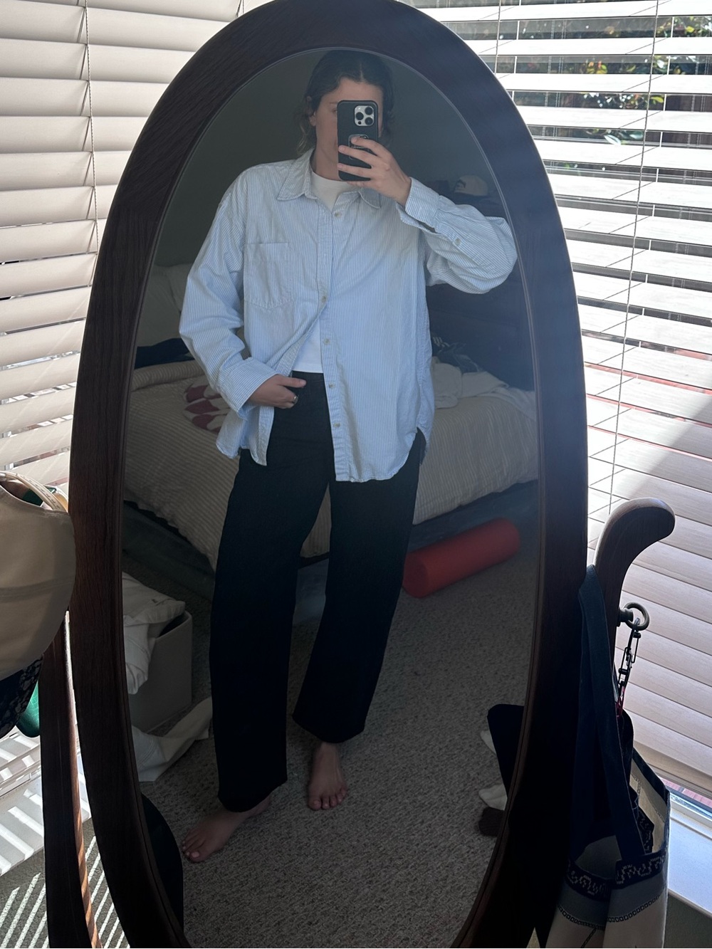 Denim Forum Oversized Light Blue and White Striped Shirt